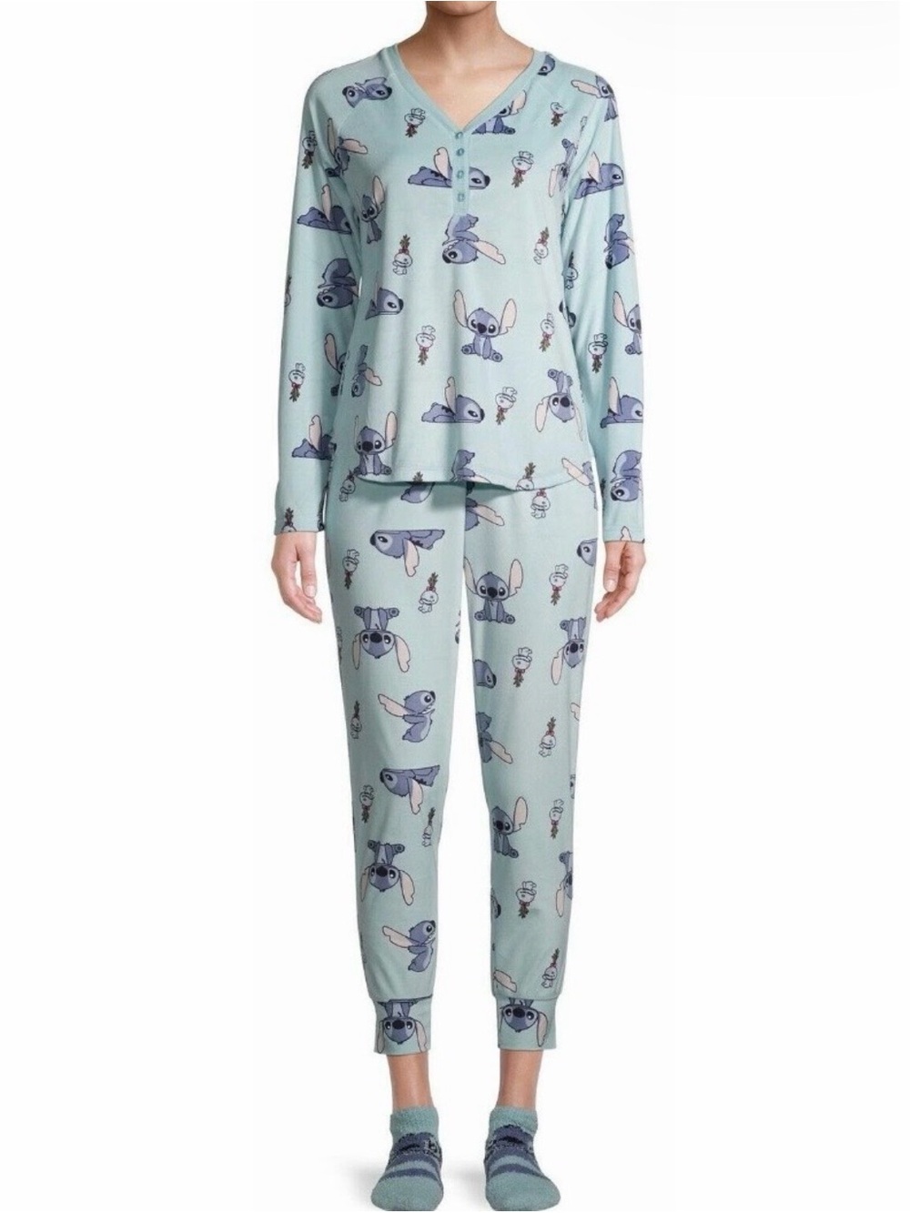 Disney Light Blue Stitch Pajama Set with Matching Socks Women’s Large NWOT